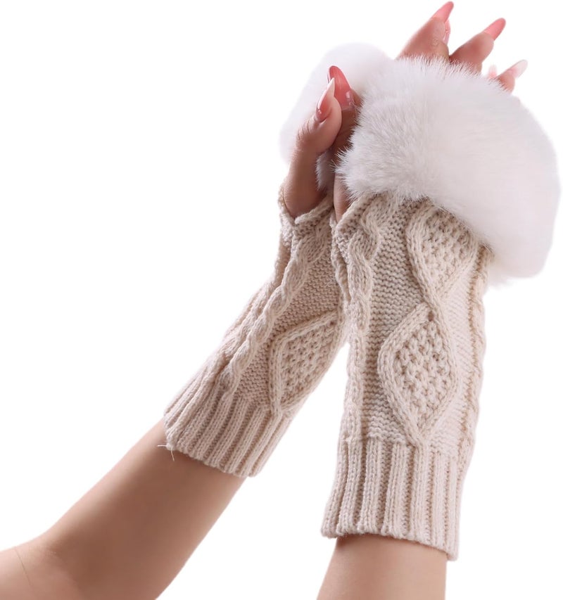 Pesaat Knit Arm Warmers Faux Fur Fingerless Gloves for Women Winter Wrist Warmers with Thumb Hole - Image 1